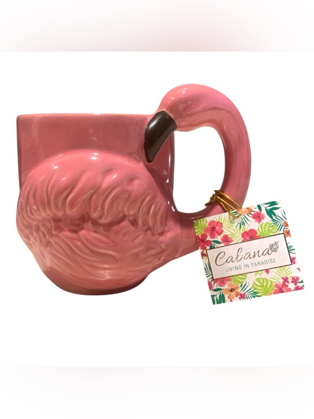 Cabana Pink Flamingo Handle Embossed Mug Ceramic Drinking Cup NWT 18 Oz